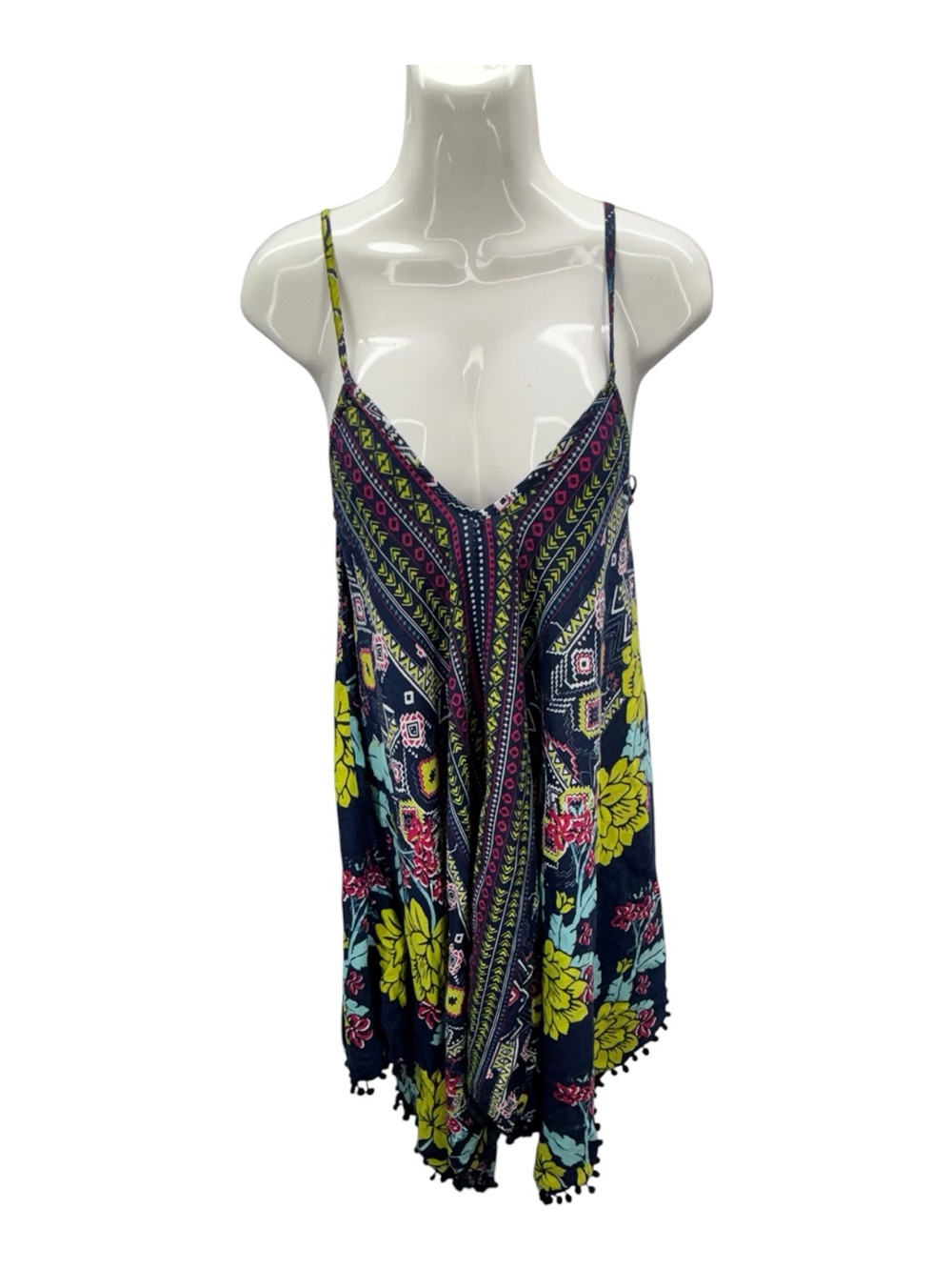 Goa Beachwear By Japna Boho Print Midi Dress Cover Up Pom Pom Hem Size M